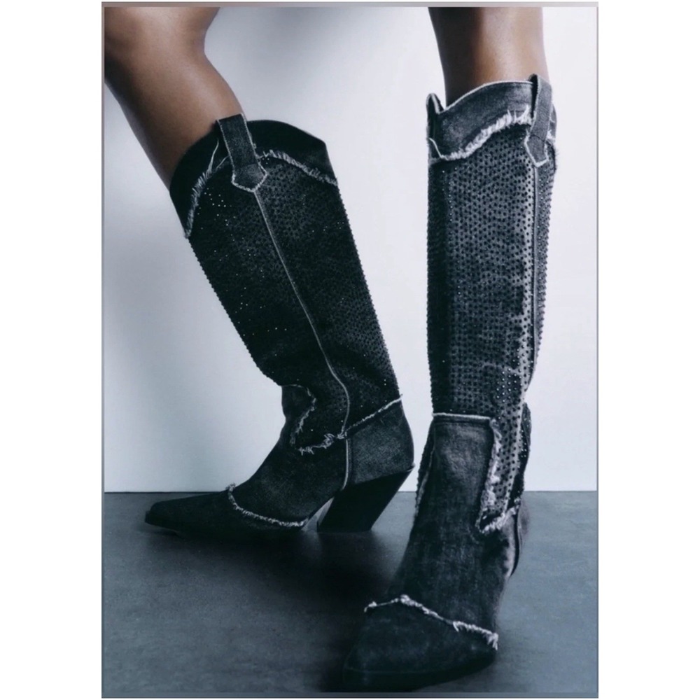 Zara Women's Black Distressed Denim Boots Western Rhinestone Embellished Size 9